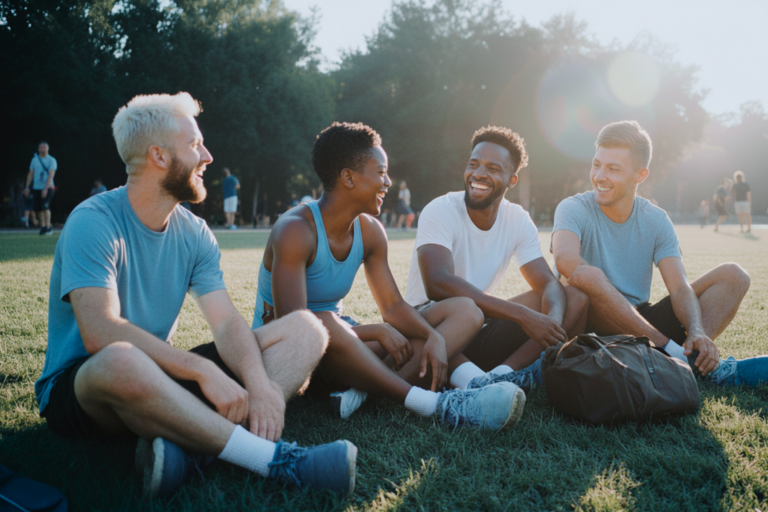 Pessoas conversando sentadas em um gramado.