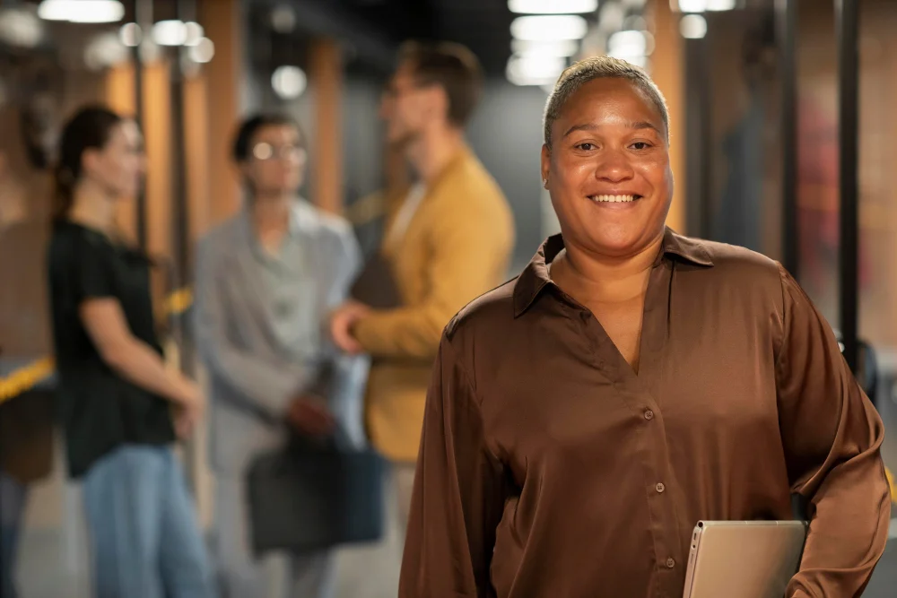 Equilíbrio entre vida pessoal e profissional: Equilíbrio entre vida pessoal e profissional: mulher preta com o cabelo raspado usando camisa marrom sorrindo dentro do escritório